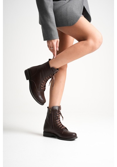 Analin Shoes Kadın Hakiki Deri Bağcıklı Ve Fermuarlı Bot Kahve