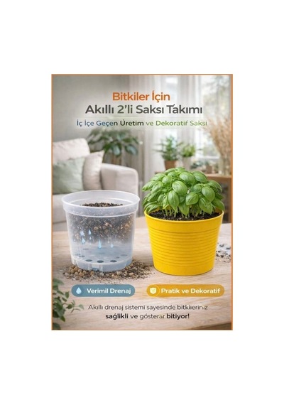 2'li Saksı Seti - 15 Pot Üretim + 1,8 Litre Sarı Dekoratif Kırılmaz Saksı Tabaksız Uyumlu