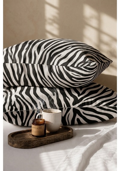 Tiger Desenli Pamuklu Ranforce Kumaş Fermuarlı Yastık Kılıfı 2 Adet 50x70 Cm Antrasit