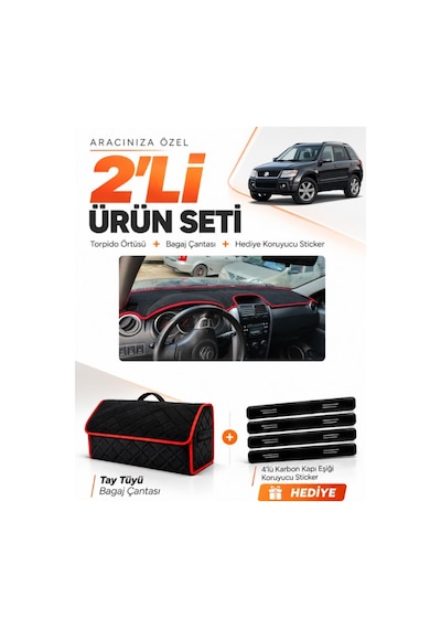 E-biz Suzukı Grand Vitara 2006-2012 Uyumlu Torpido Örtüsü + Tay Tüyü Çanta - Siyah-kırmızı - Sz005