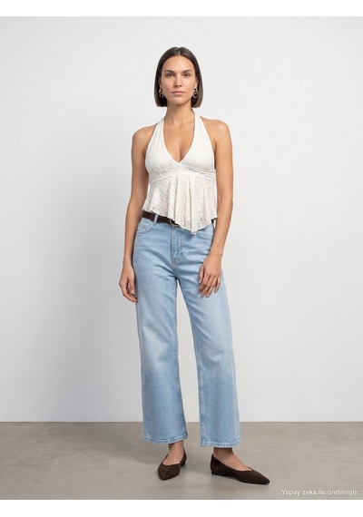Dilvin 21228 Dantel Halter Yaka Top-ekru