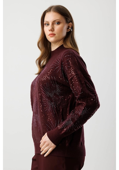 On Fashion Kadın Sıfır Yaka Önü Taşlı Bordo Triko Kazak 60323 Bordo