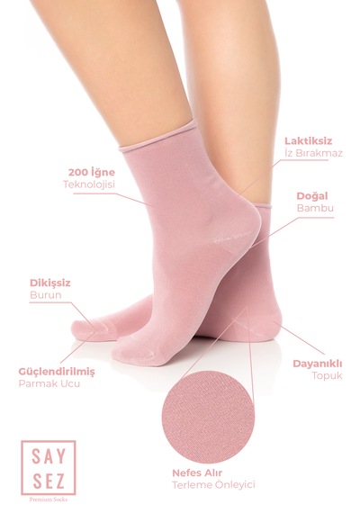 Saysez Bambu Kadın Lastiksiz Pembe Soket Dikişsiz Premium Çorap 3'lü Pkt Pembe