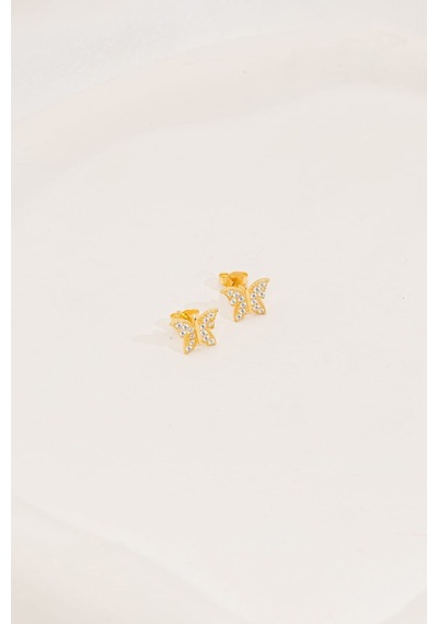 Zirkon Taşlı Gold Kelebek Minimal Çivili Gümüş Küpe