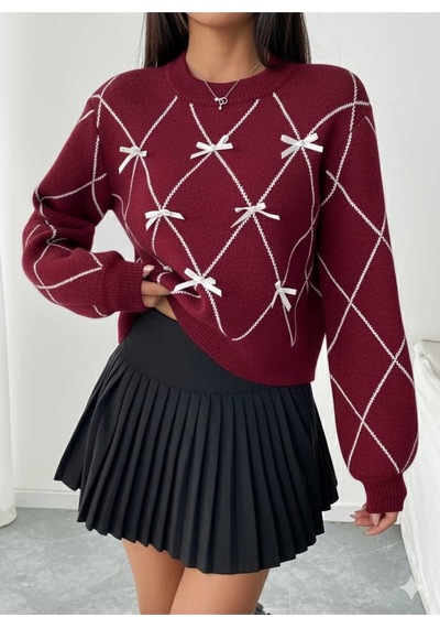 Sayzen Your Shine Baklava Desenli Kurdele/fiyonk Detayli Triko Kazak Sy-001kzk-gri Bordo
