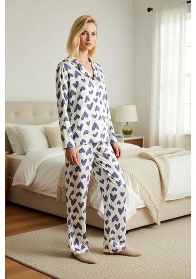 Benerly Kadın Gömlek Yaka Standart Kol Regular Kalıp Pijama Takımı Fonksi ekru