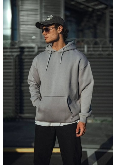 Mbb E-ticaret Erkek 3 İplik Penye Kapüşonlu Basic Sweatshirt Hoodie - Boyalı Gri