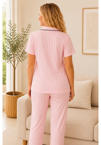 Rindahomewear Büyük Beden Viskon Düğmeli Kısa Kol Pijama Takımı Pembe