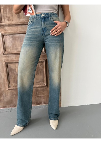 Kadın Straight Yüksek Bel Boru Paça Kot Pantolon Mavi Tint Mavi+tint