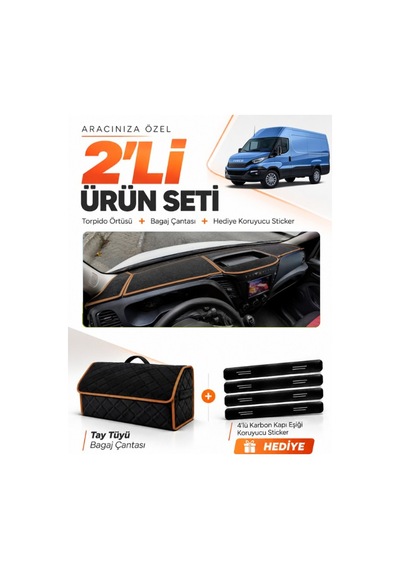 E-biz Iveco Daıly 2015-2021 Uyumlu Torpido Örtüsü + Tay Tüyü Çanta - Siyah-kahverengi - Iv002