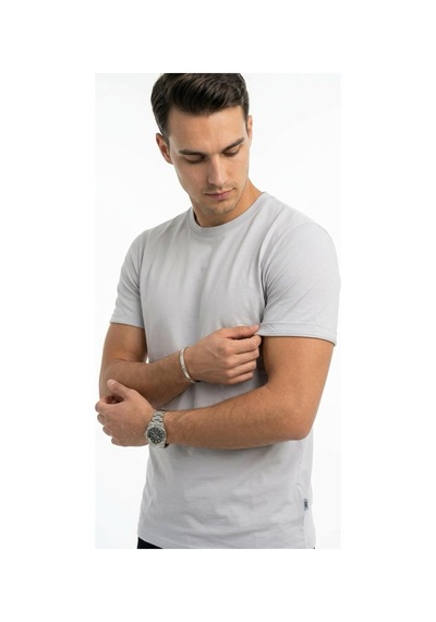 Plus Scorpion T02 Kol Katlama Erkek Slim Fit Basic Tişört Bisiklet Yaka, Düz Kumaş, Yazlık Model Gri