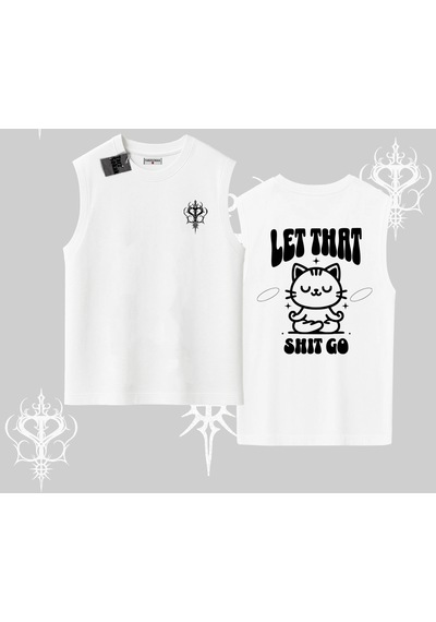 Tarzsokak Meditasyon Yapan Kedi Baskılı Kolsuz Tshirt Beyaz