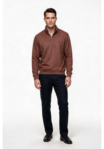 Legato Erkek Dik Yaka Yarım Fermuarlı Pamuk Karışımlı Uzun Kollu Sweatshirt Kiremit