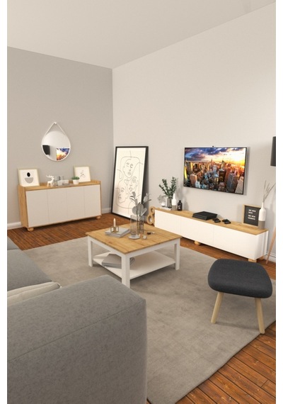 B3Concept B3 Concept Nort Serisi Beyaz & Safir Meşe 4 Kapaklı Konsol