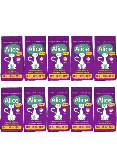 Alice Smart Balıklı Tavuklu ve Sebzeli Yetişkin Kedi Maması 10 x 1 KG