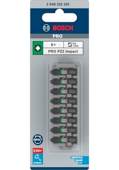 Professional Accessories 8tlg. Schrauber Bit Set Kreuzschlitz Impact Control, Pz2 Bits, Länge 25 Mm, Pick And Click