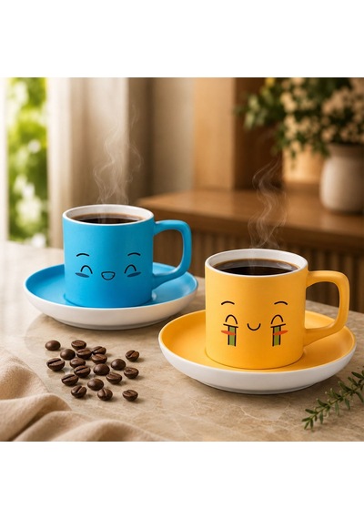 Bk Gift 2'li Turkuaz Ve Sarı Renkli Emoji Yüz Tasarımlı Seramik Türk Kahvesi Fincanı Takımı-9 Çok Renkli