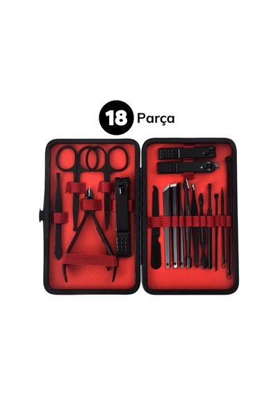 18 Parça Manikür Pedikür Set Kutusu Çelik Deri Çantalı Bakım Seti 5468