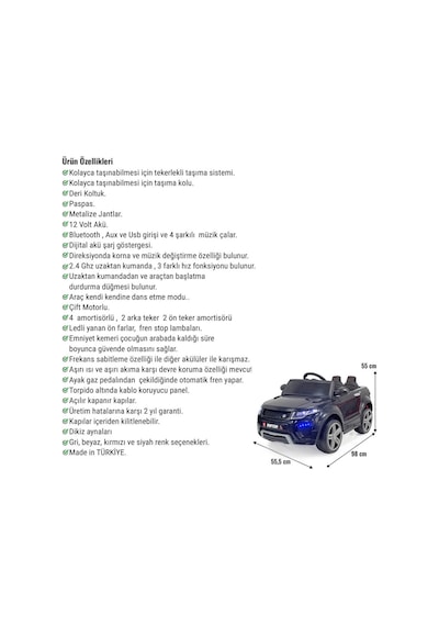 Raptor Gt 12 Volt Uzaktan Kumandalı Mp3 Bluetooth Destekli Otomatik Fren Sistemli Çocuk Akülü Araba Siyah