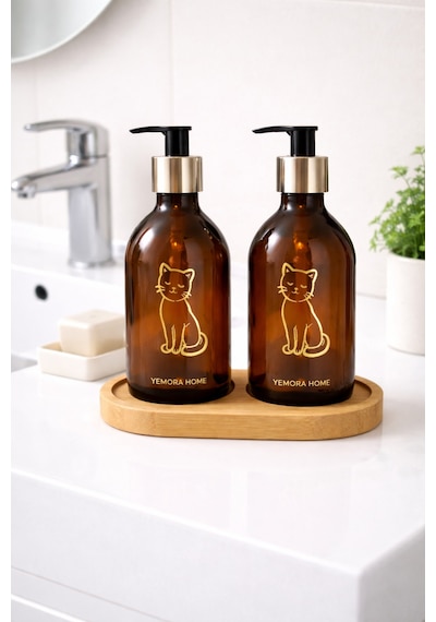 Buççin Online Mağaza Amber Cam Sabunluk Seti 2 Li Bambu Standlı Mutfak Deterjanlık Ve Banyo El Sabunluğu 500 Ml Cam Kah Çok Renkli