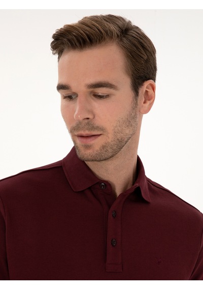 Bordo Regular Fit %100 Pamuk 3 İplik Polo Yaka Sweatshirt Kırmızı