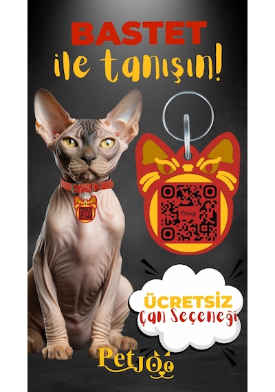 Petjoo 1.Bastet Sarı-Kırmızı Qr'lı Kedi Künyesi