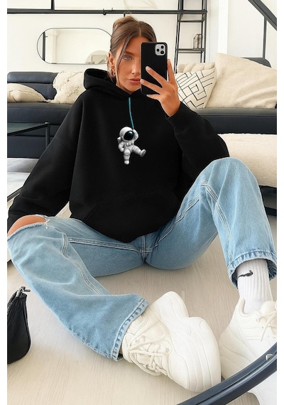 Benroma 3 İplik Penye Astronot Unisex Kapüşonlu Sweat SIYAH