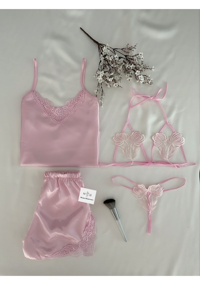 Mh Moony Homewears 4'lü Nalya Saten Pijama İç Giyim Seti PEMBE