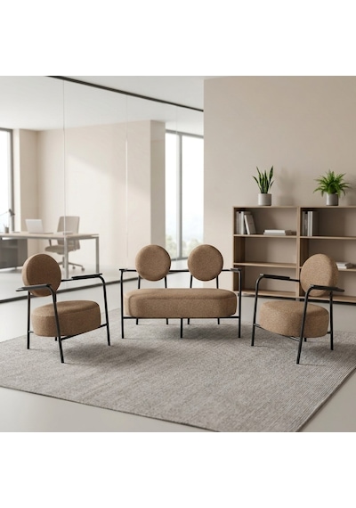 Venüs 2+1+1 Soft Kumaş Ofis & Büro İş Yeri Bekleme Koltuğu Takımı Siyah Metal İskelet - Cappuccino Bej Cappucino