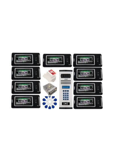 9 Daire Nts 2001-s 4,3'' Görüntülü Diafon Siyah-8004 Tuş Takımlı Şifreli+geçişli Zil Panelli Set