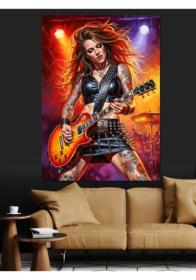 Ahşap Tablo Kırmızı Saçlı Gitarist Kadın