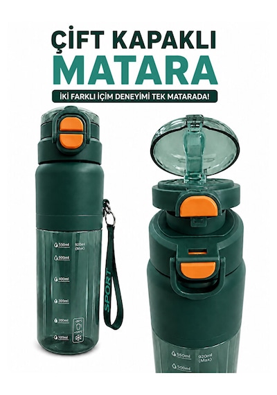 Çift Kapaklı Matara Suluk 920 Ml 2 Farklı İçim Seçeneği, Spor Ve Günlük Kullanım Haki
