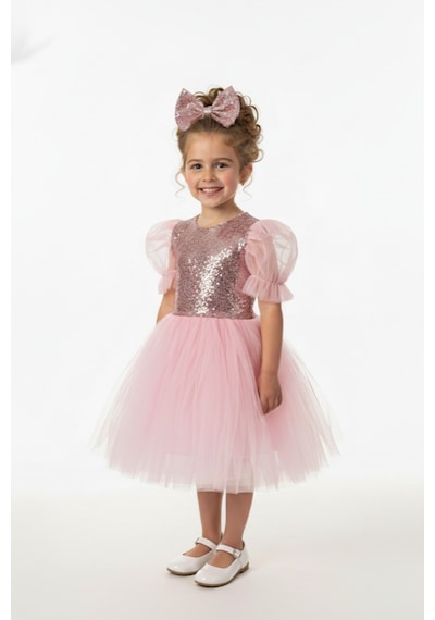 Mnk Baby & Kids Balon Kol Pul Payet Kız Çocuk Tütü Elbise M00751 Pembe
