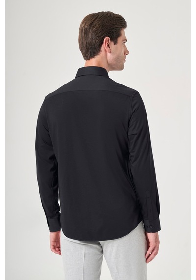 İmza Siyah Tulum Yaka Uzun Kol Cepsiz Örme Slim Fit Pamuklu Gömlek 1004260208