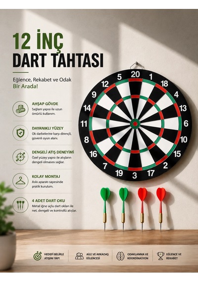 Mey İthalat 12 İnç Ahşap Dart Tahtası 4 Adet Metal Uçlu Dart Oku Dahil