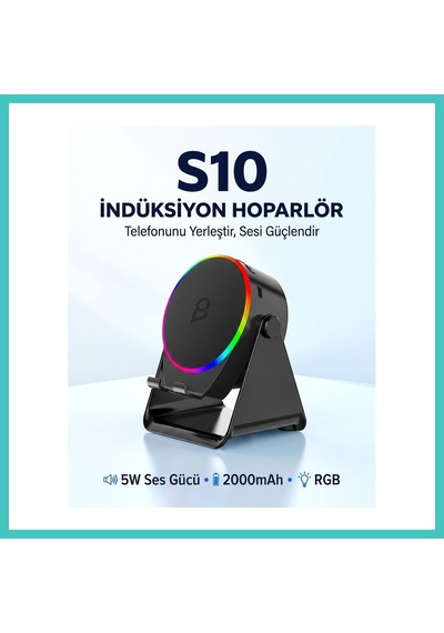 Ny Joy S10 5w Bluetooth + Temasıyla Ses Yükselten İndüksiyon Hoparlör 2000 Mah Rgb Işıklı Standlı 5in Speaker Nyjoybz