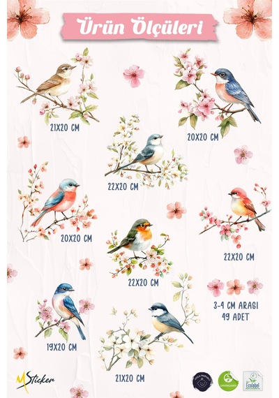 Çift Taraflı Cam Sticker Kuş Ve Çiçek Seti 57 Parça Bahar Temalı Pencere Süsü, %100 Net Görünüm Dijital Baskı