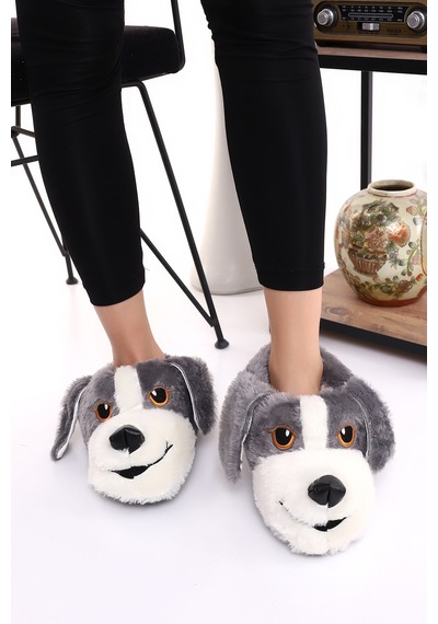 Wordex Hayvanlı H10 Köpekli Kışlık Kadın Erkek Çocuk Panduf Ev Içi Sessiz Taban Panduf Gri