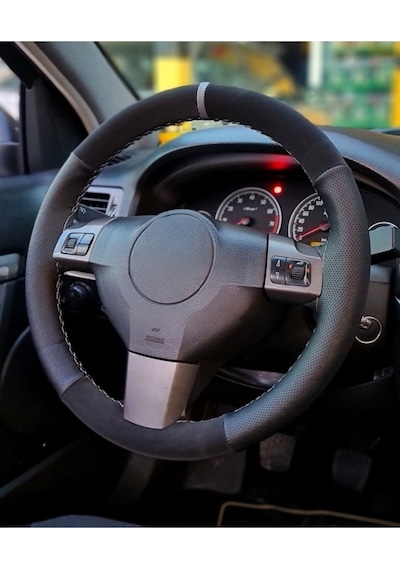 Hyundai Getz Uyumlu Dikmeli Direksiyon Kılıfı Noktalı-Alkantara Gri Yüzüklü