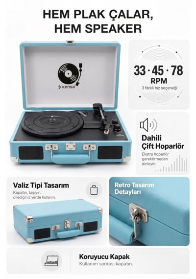 Kensa Bluetooth Lu Nostaljik Çantalı Pikap 33/45/78 Devir Dahili Bataryalı Plak Çalar Mavi