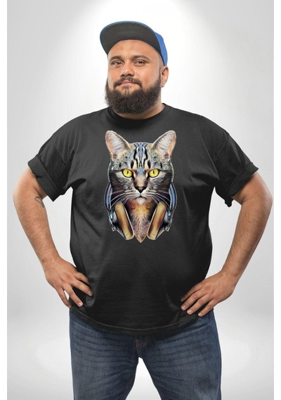 Angemiel Kulaklık Kedi Siyah Büyük Beden Erkek Kadın Unisex Basic Ön Baskılı Tişört Siyah