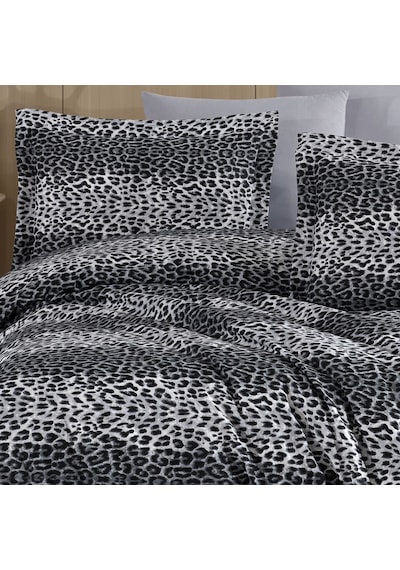 Çift Kişilik Leopar Desen Nevresim Takımı 200x220 4 Yastık Kılıfı Lastikli Çarşaflı 160x200+30 Gri