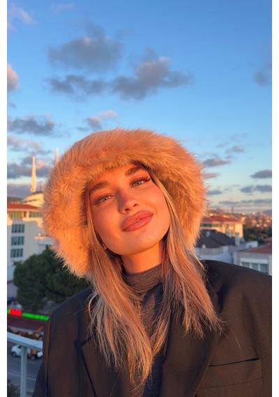 Mollycrush Suni Kürklü Peluş Bucket Kalpak Şapka Luxury Kadın Camel Rus Slav Tarzı Camel