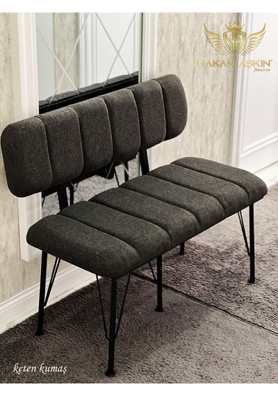 By Hakan Aşkın Siyah Metal Ayaklı Metal Alt Kasalı Keten Antrasit New Sırtlı Bench Bank Antrasit Keten