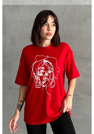 Kadın Yüz Baskılı Bisiklet Yaka Oversize T-shirt Kırmızı Kadın Yüz Baskılı Bisiklet Yaka Oversize T-shirt Kırmızı