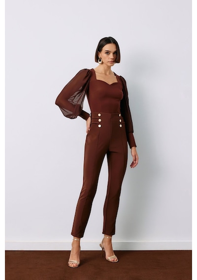 Sateen Düğme Detaylı Pantolon - Kahve-133793 Kahverengi