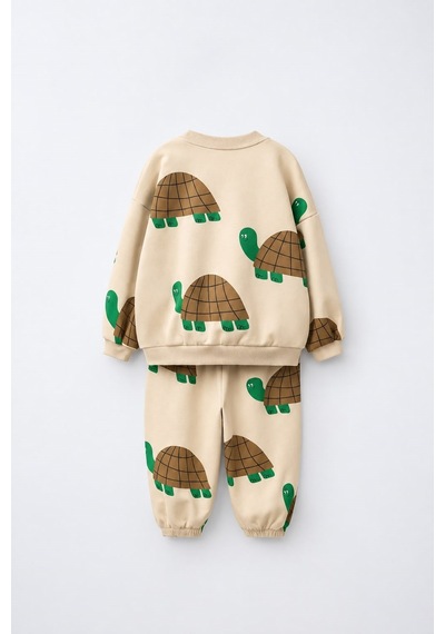 Magu Çocuk Oversize Kaplumbağa Desenli Bej Sweatshirt Ve Eşofman Altı Takımı Çok Renkli