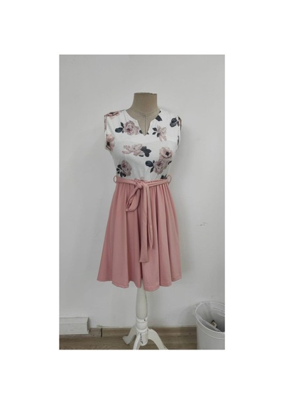 Butik İstanbul Kadın Sıfır Kollu V Yakalı Çiçek Baskılı Beli Kuşaklı Dalgıç Elbise Pembe
