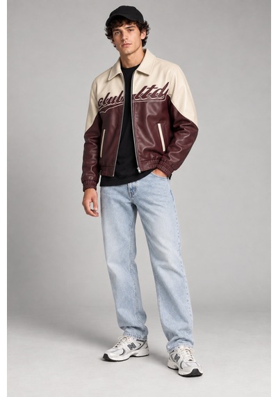Maison Rae Erkek Bordo, İçi Kürklü, Çift Renkli, Yazı Detaylı,oversize Suni Deri Bomber Ceket