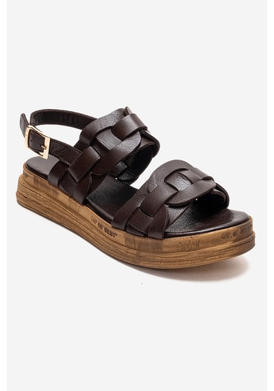 Luvishoes Elvoro Kahverengi Hakiki Deri Örgü Bantlı Kadın Sandalet